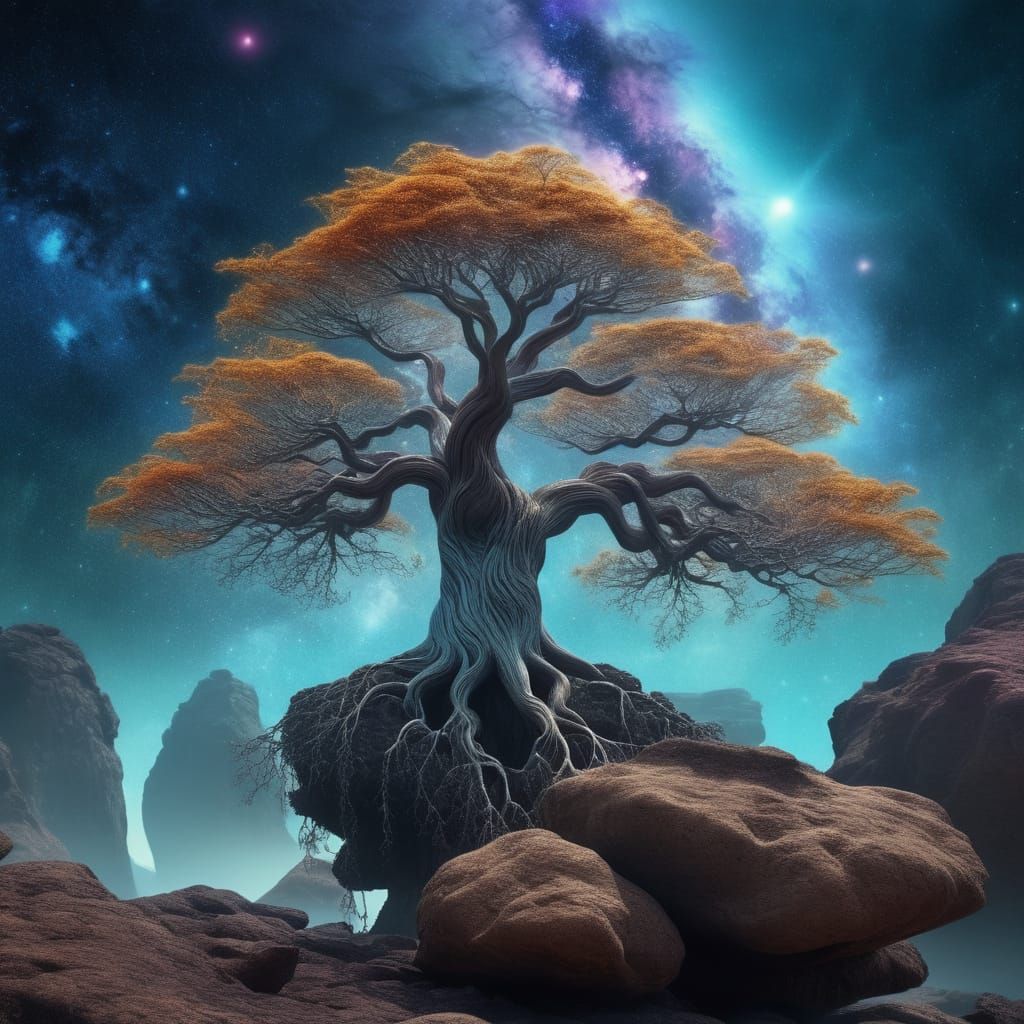 Cosmic Ancestral Tree in Ethereal Nebula