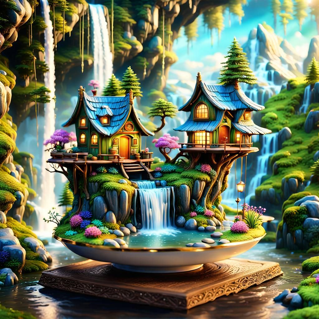 Magical Hut Diorama by Mountain Waterfall