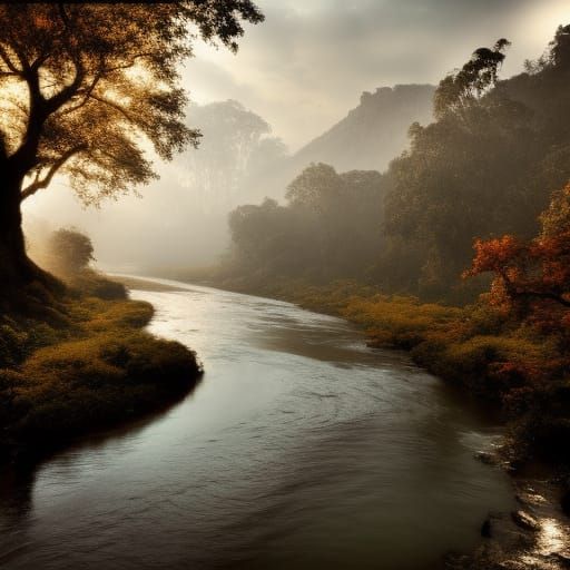 Hyperrealistic Mountain Stream with Wildlife in Digital Pain...