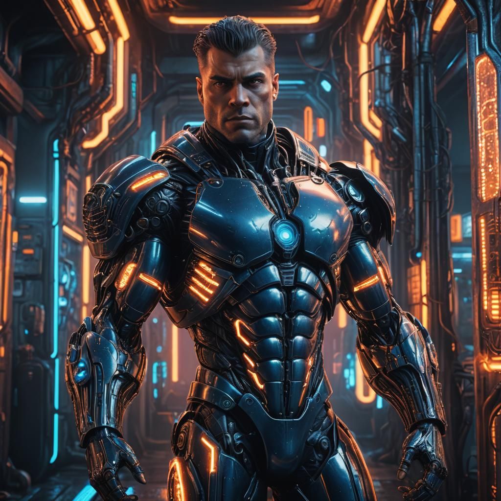 Hyper Muscular Cyborg Cop in Sci-Fi Style
