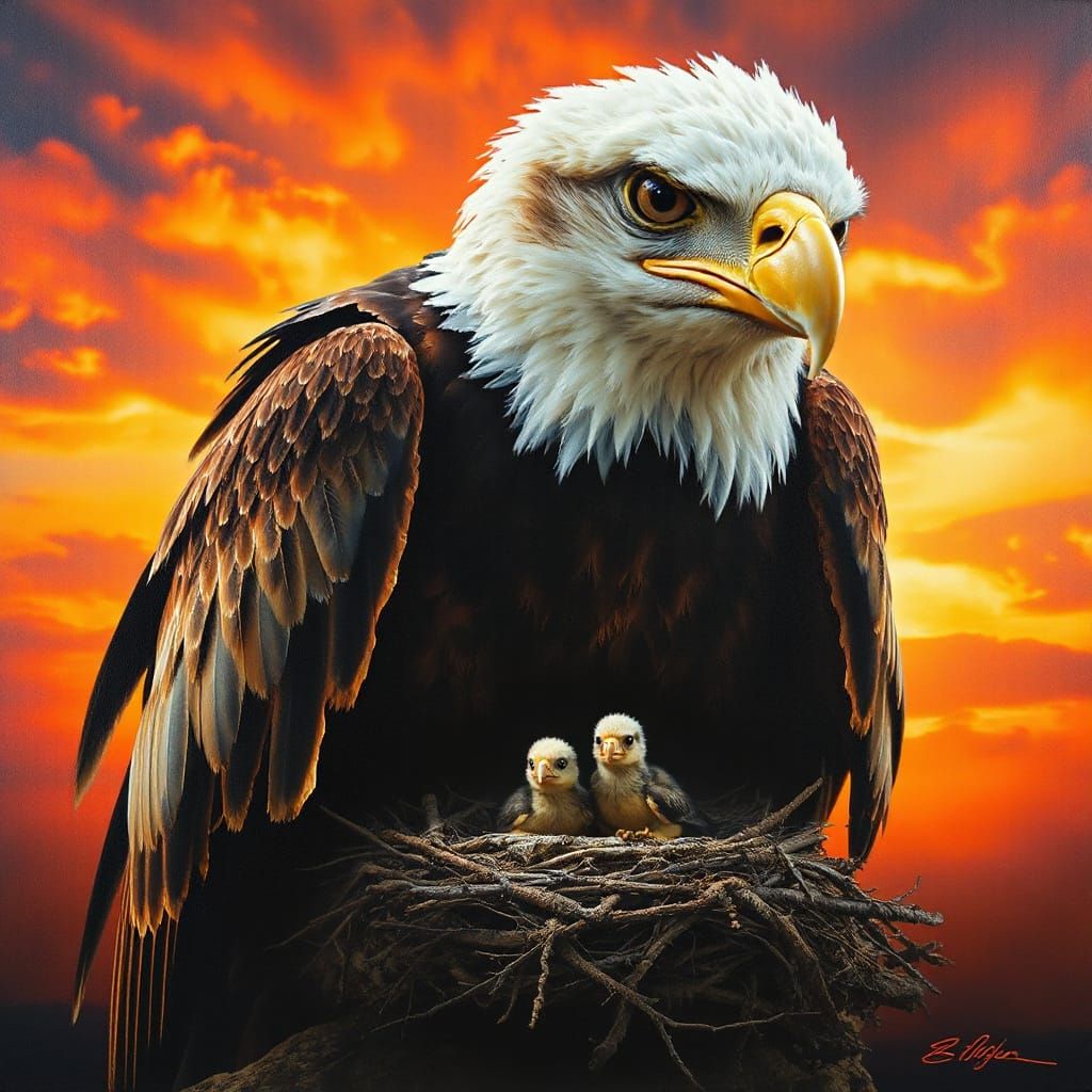 Majestic Eagle in Nest of Chicks Amidst Vibrant Sunset