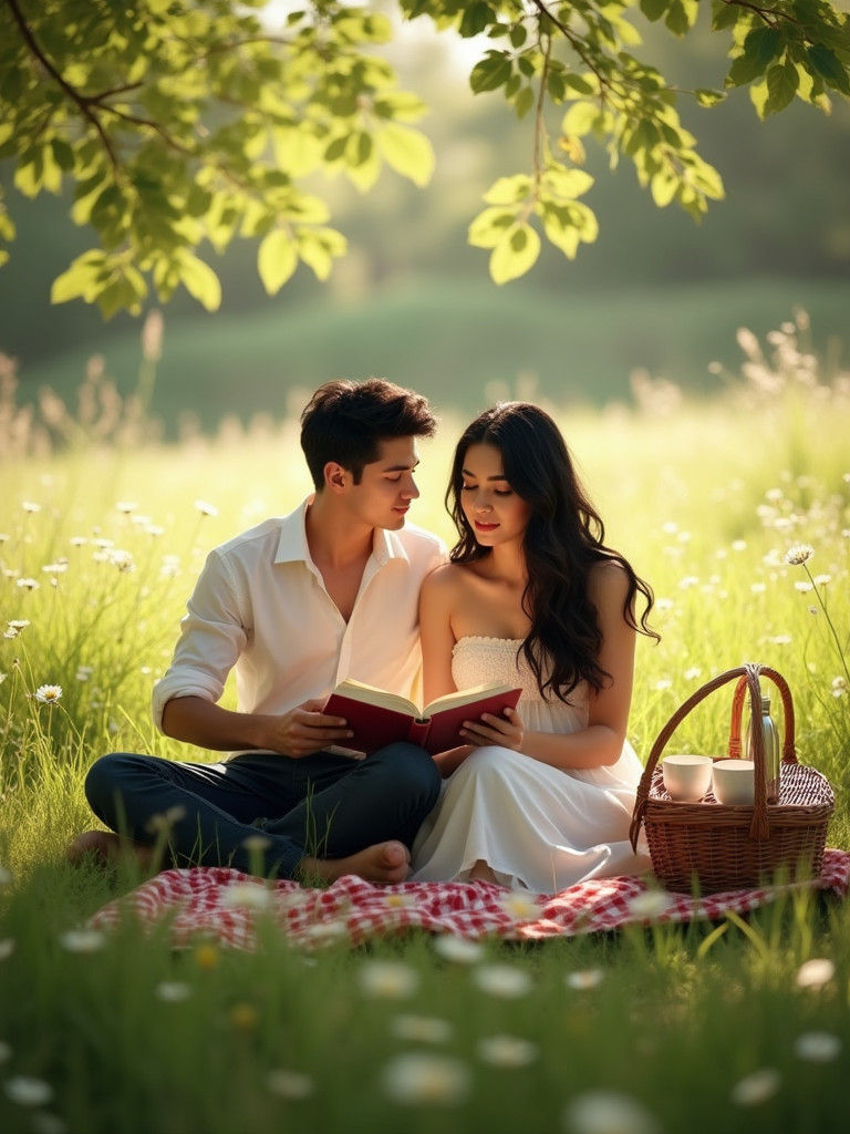 Couple Reading in Meadow, Hyperrealistic Art
