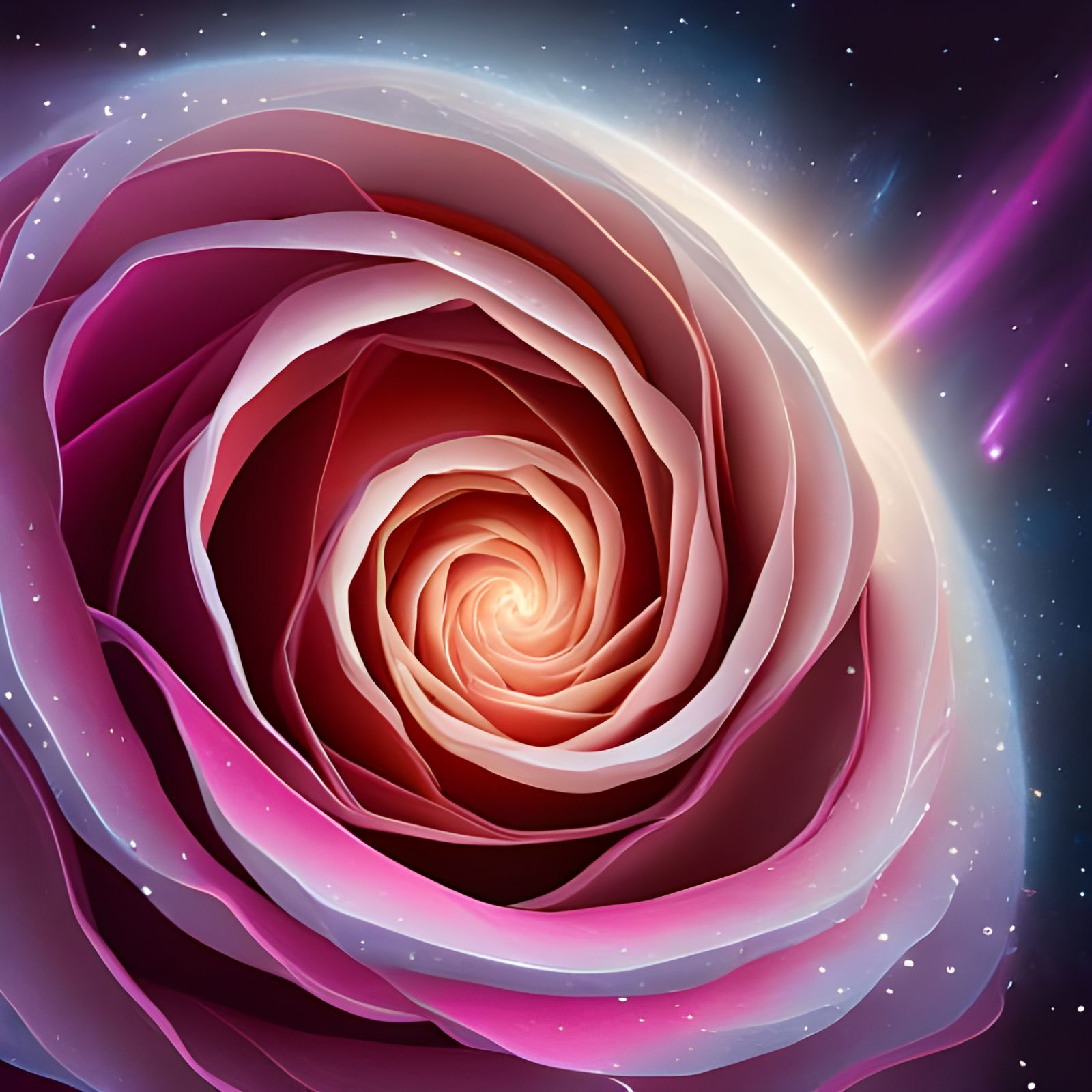 Spiral Galaxy Emerging from Rose: Digital Art
