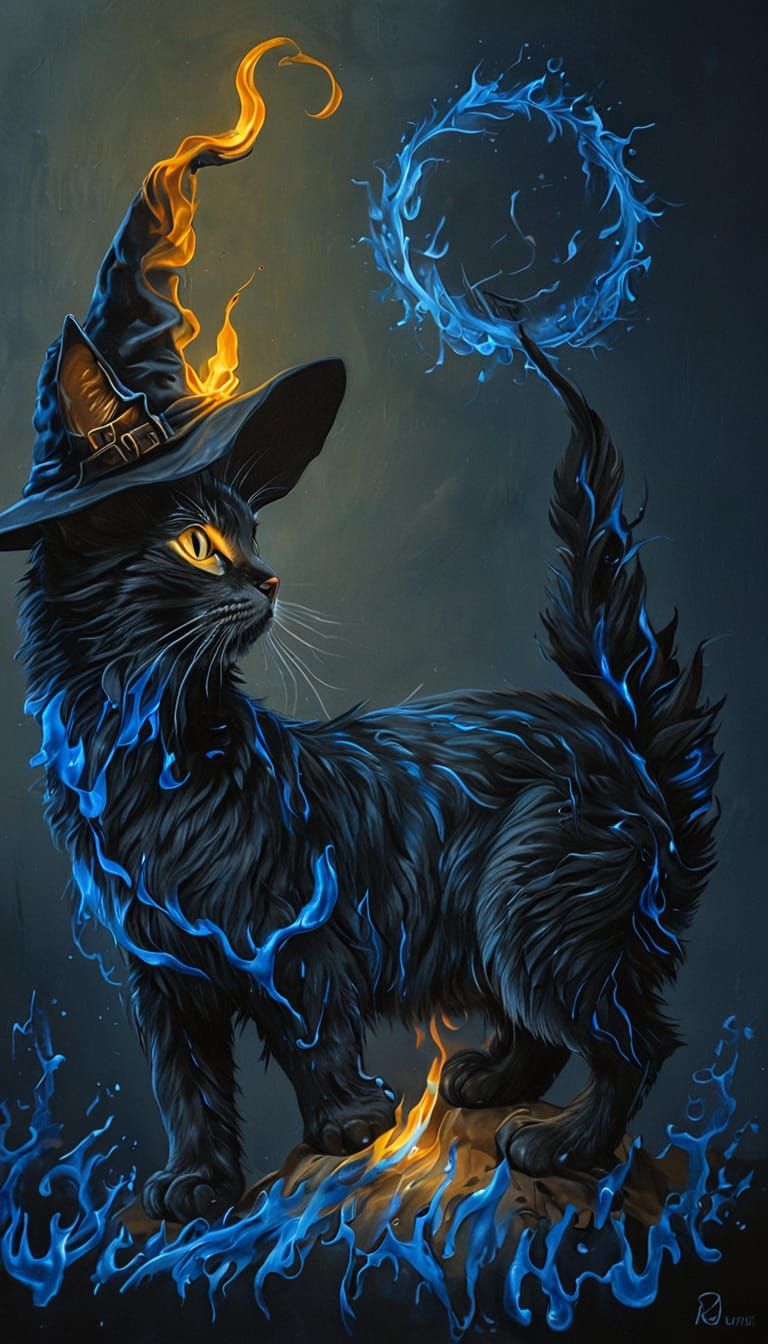 Cat Witch Familiar with Blue Flame Tail in Hyperrealism