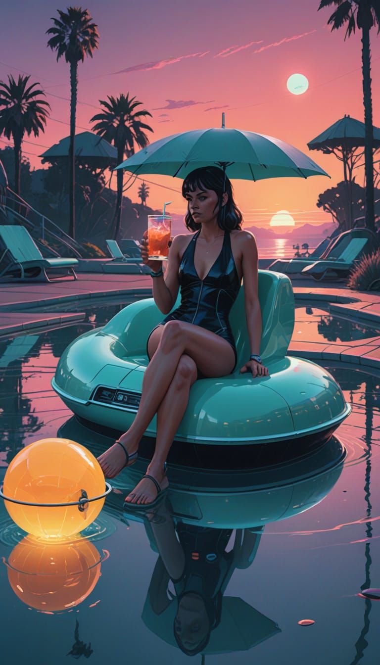 Woman Relaxing on Retro Futuristic Pool Float with Pastel-Co...