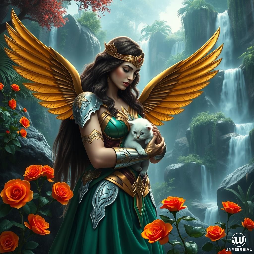 Wonder Woman with Kitten in Enchanted Rainforest