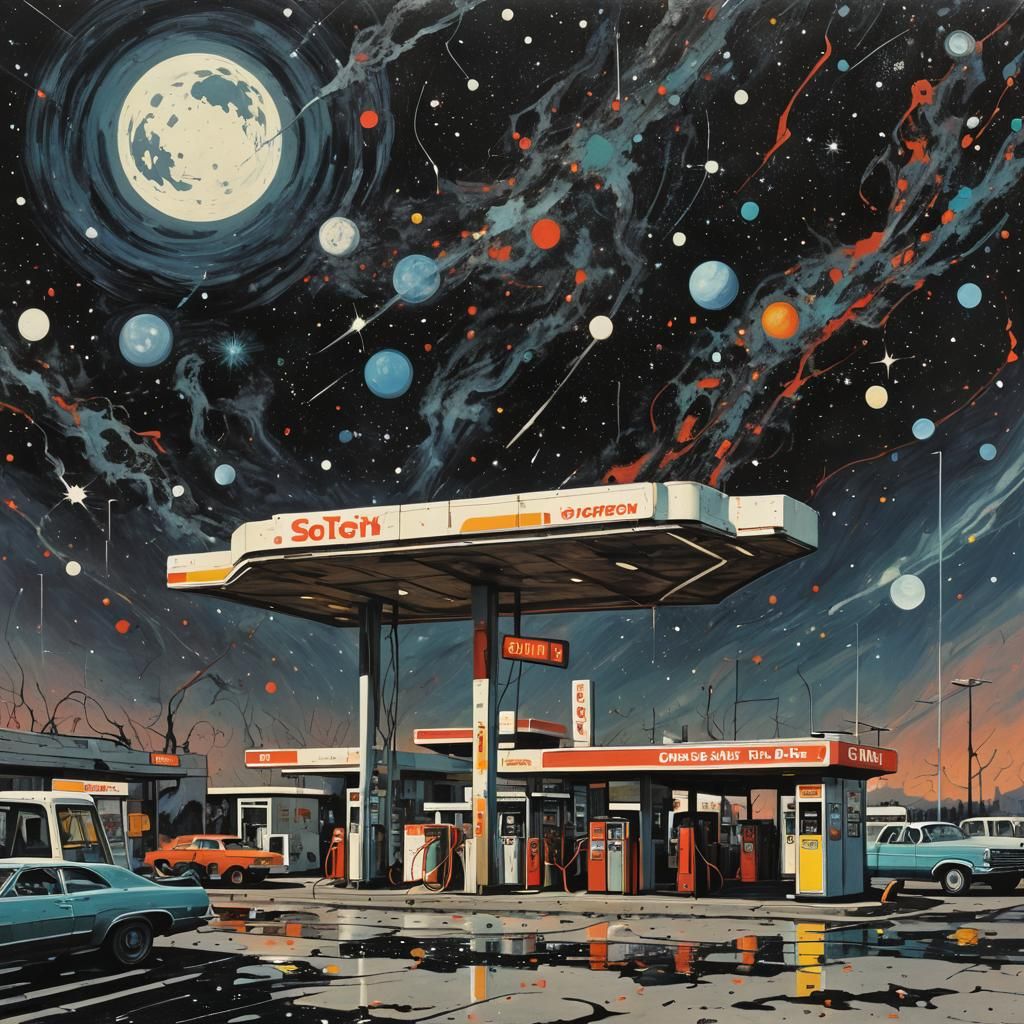 Retro Sci-Fi Gas Station in Pollock Style