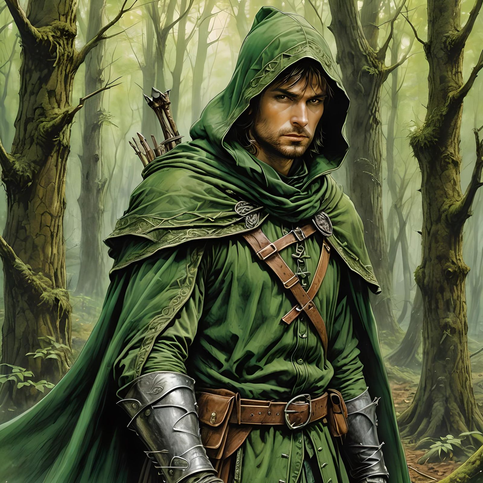 Robin Hood in Forest, Comic Illustration Style