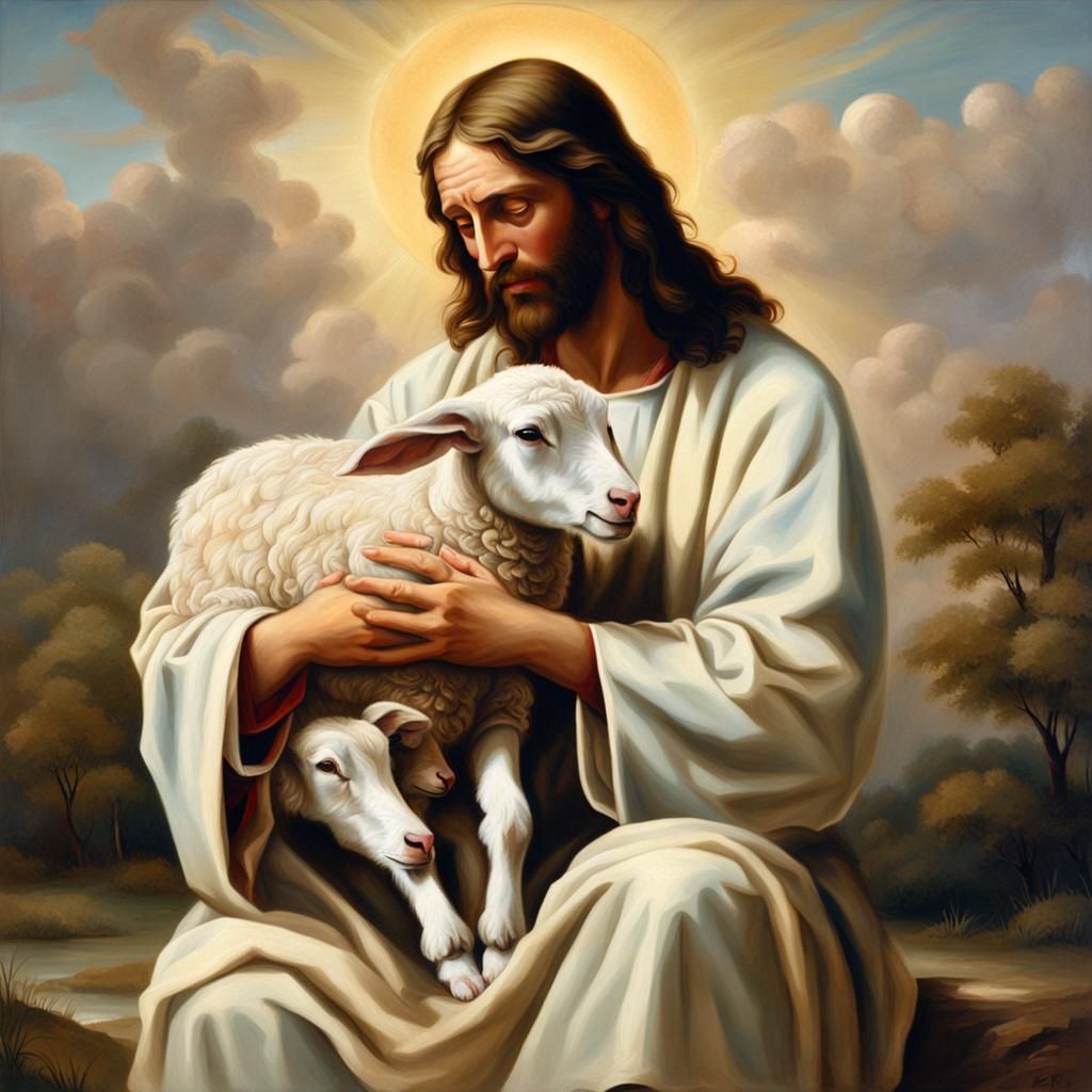 Jesus Comforting Lamb: Classic Oil Painting
