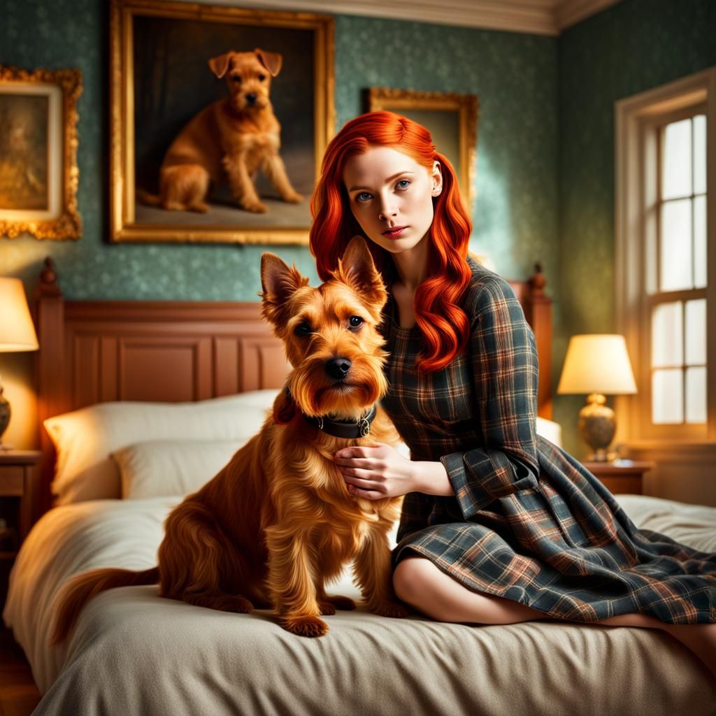 Ginger Girl and Terrier in Hyperrealistic Fantasy Bedroom