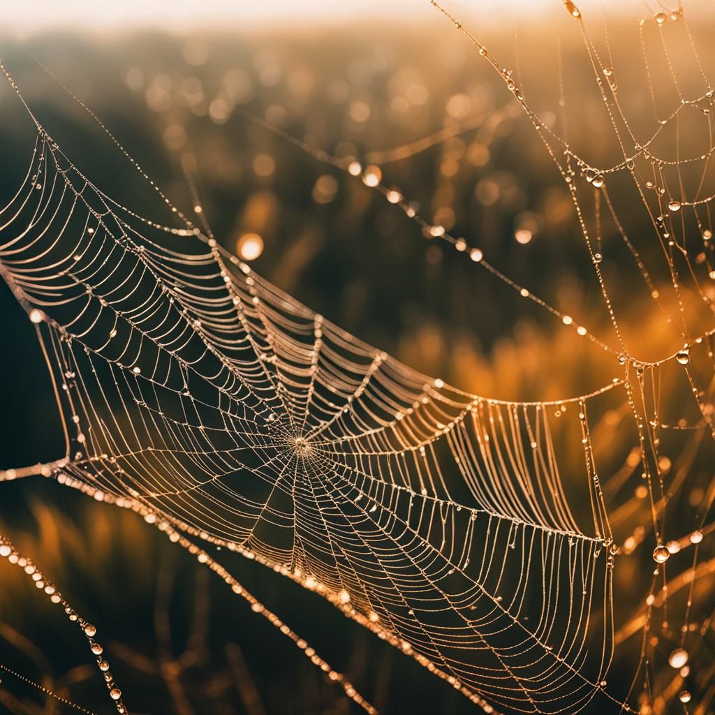 Golden Hour Spiderweb with Water Droplets