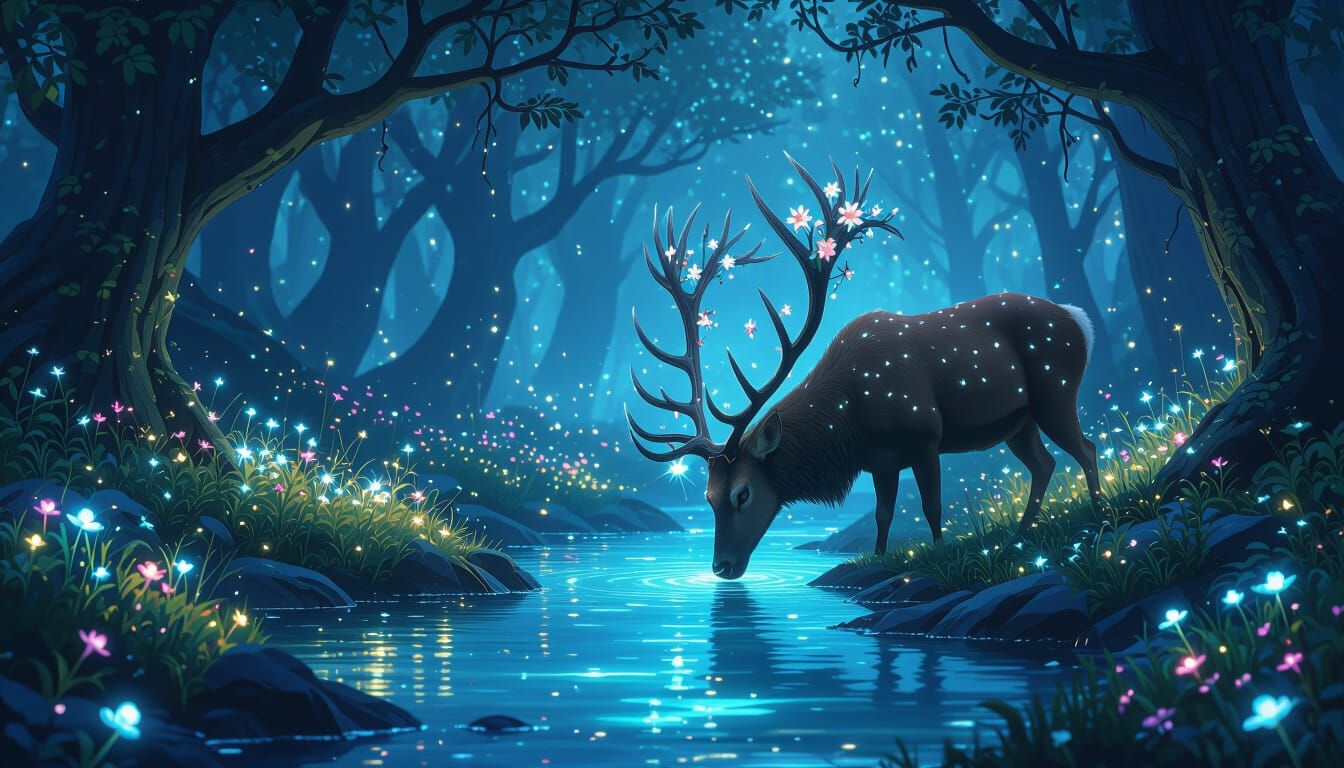Bioluminescent Forest Grove with Stag: Fantasy Concept Art