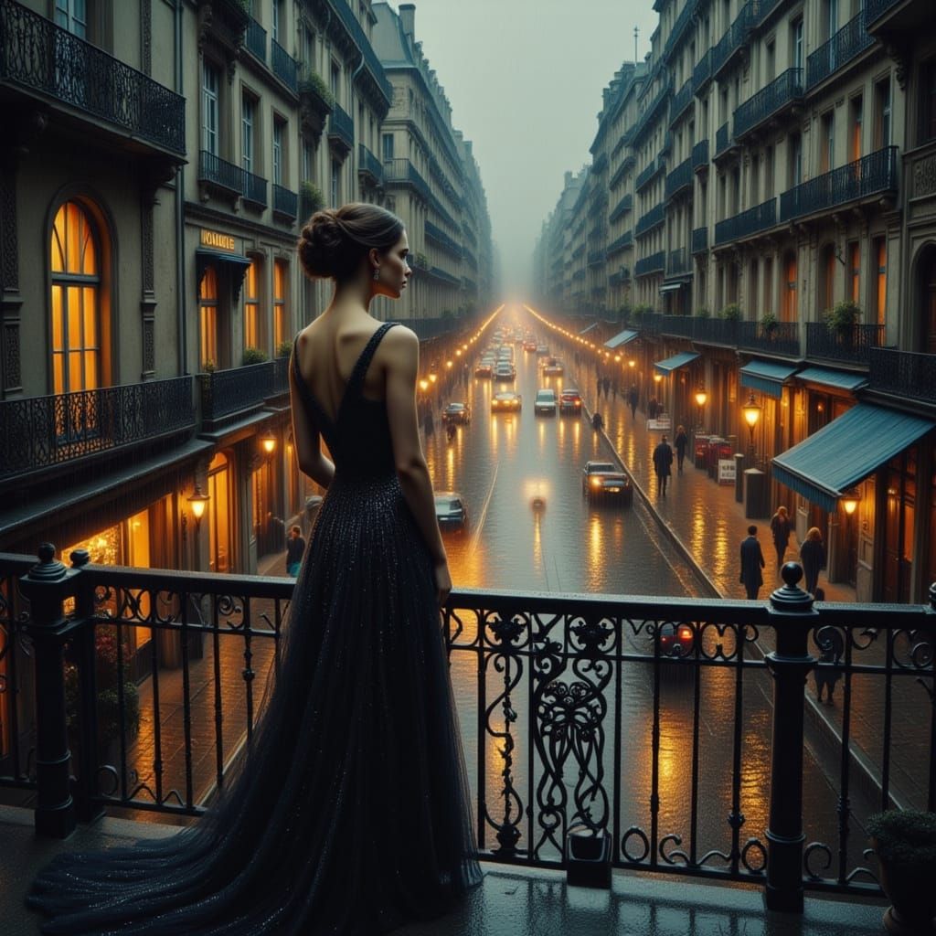 Elegant Woman in Vintage Gown on Parisian Balcony