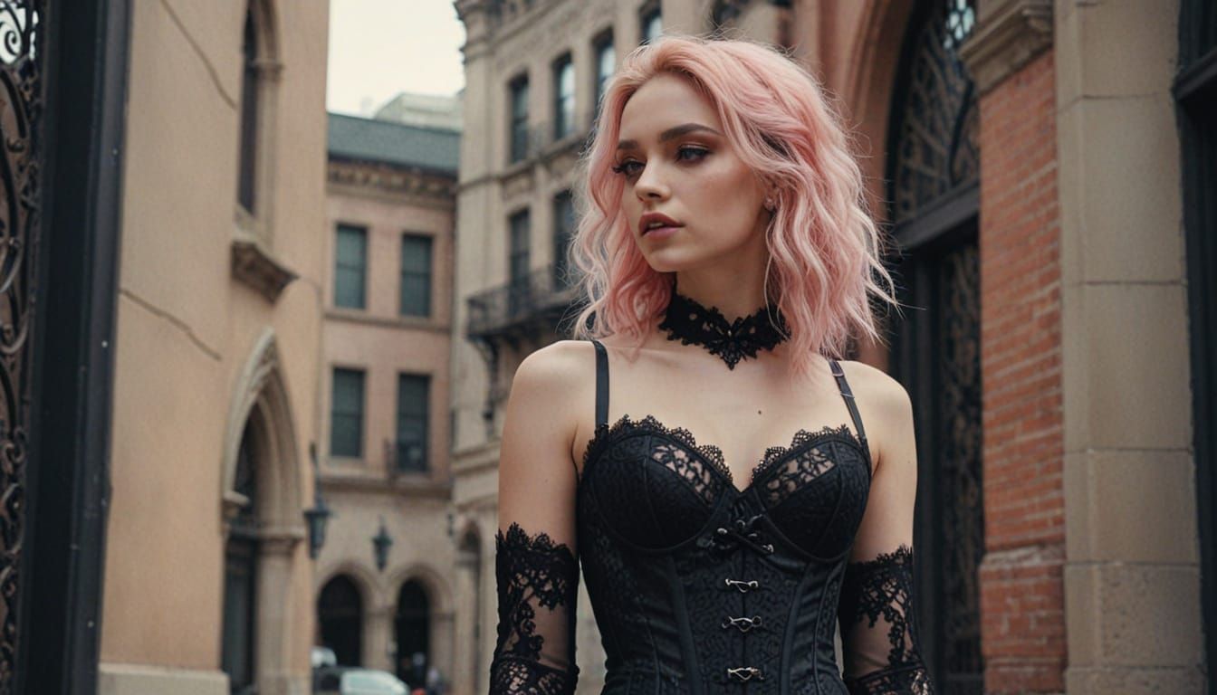 Gothic Chic Woman in Downtown Setting: Vibrant Digital Art