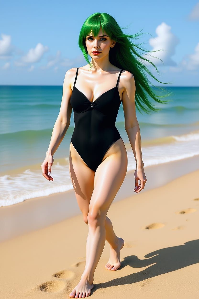 Telekinetic Woman Flies on Beach in Photorealistic Style