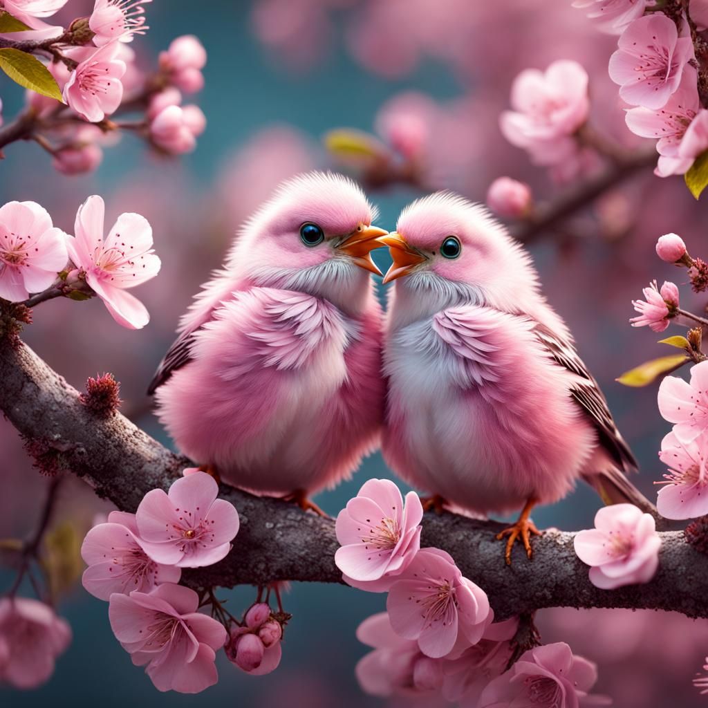 Pastel Birds Snuggling on Blossom Branch