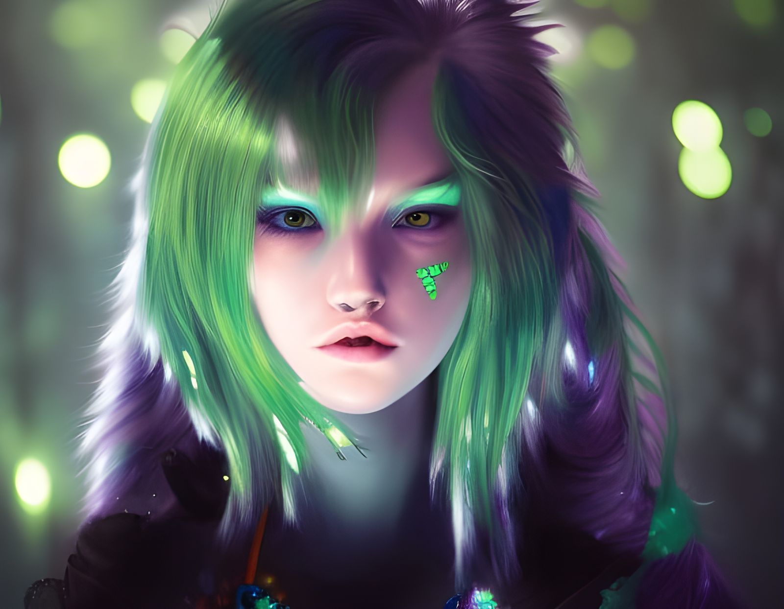 Energetic Green-Haired Character Portrait in Oil