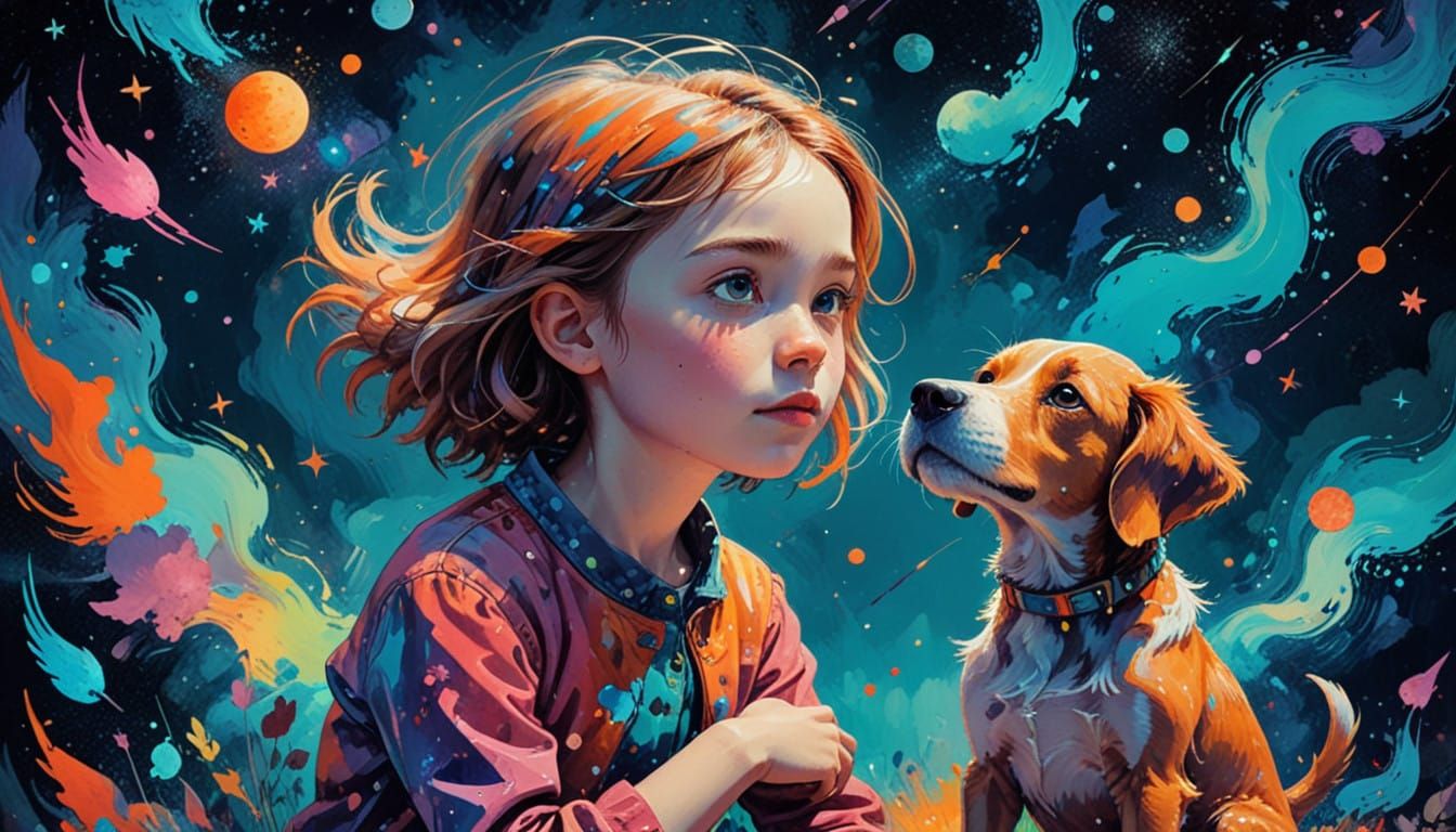 Little Girl with Dog in Cosmic Holographic Art