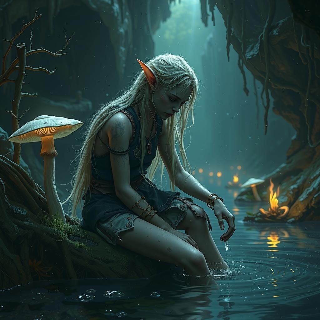 Wood Elf in Bioluminescent Cave, Fantasy Art