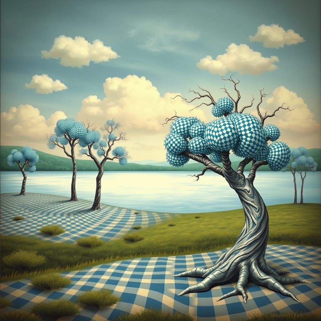 Surreal Gingham Landscape with Distorted Trees and Checkered...