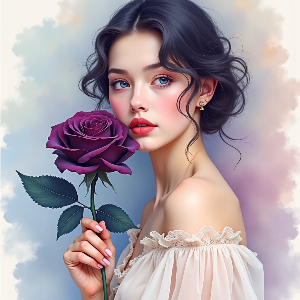 Soft Focus Watercolor Portrait of a Petal-Soft Woman