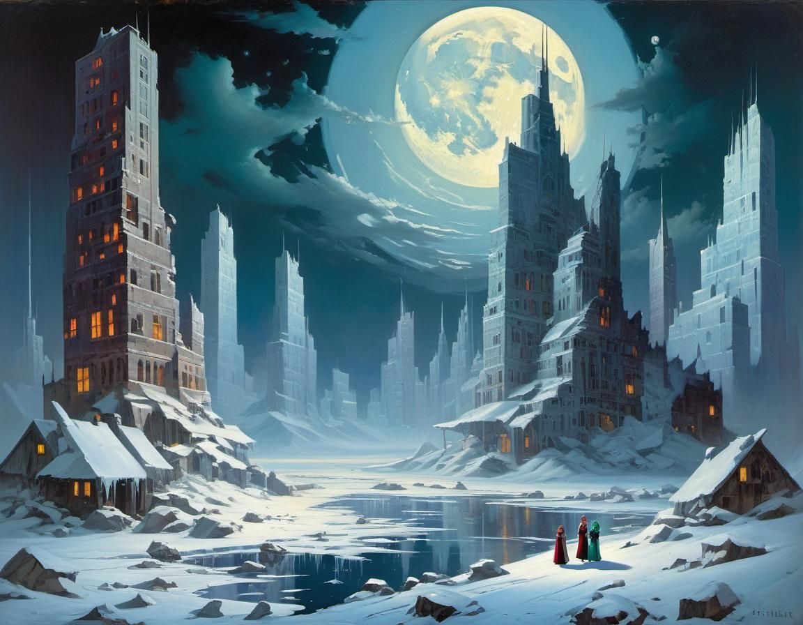 Frozen Ruined City in Moonlight: Futuristic Art