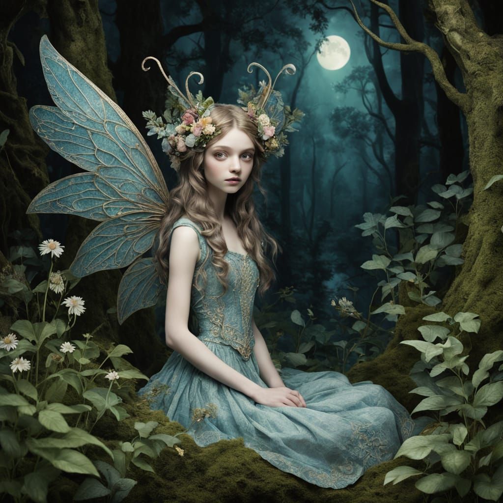 Whimsical Forest Fairy in Gentle Moonlit Setting