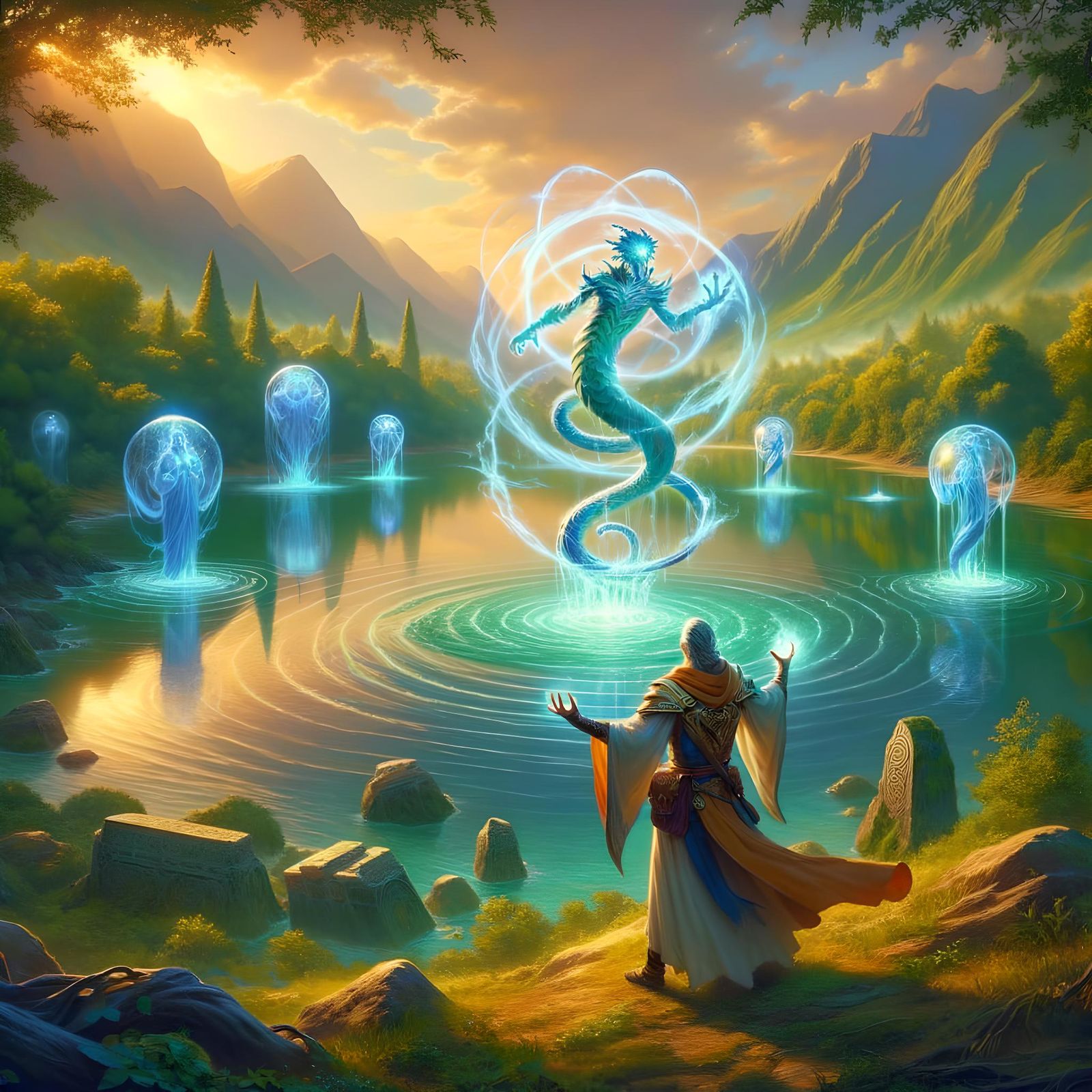 Mage Animates Water with Magic at Dusk