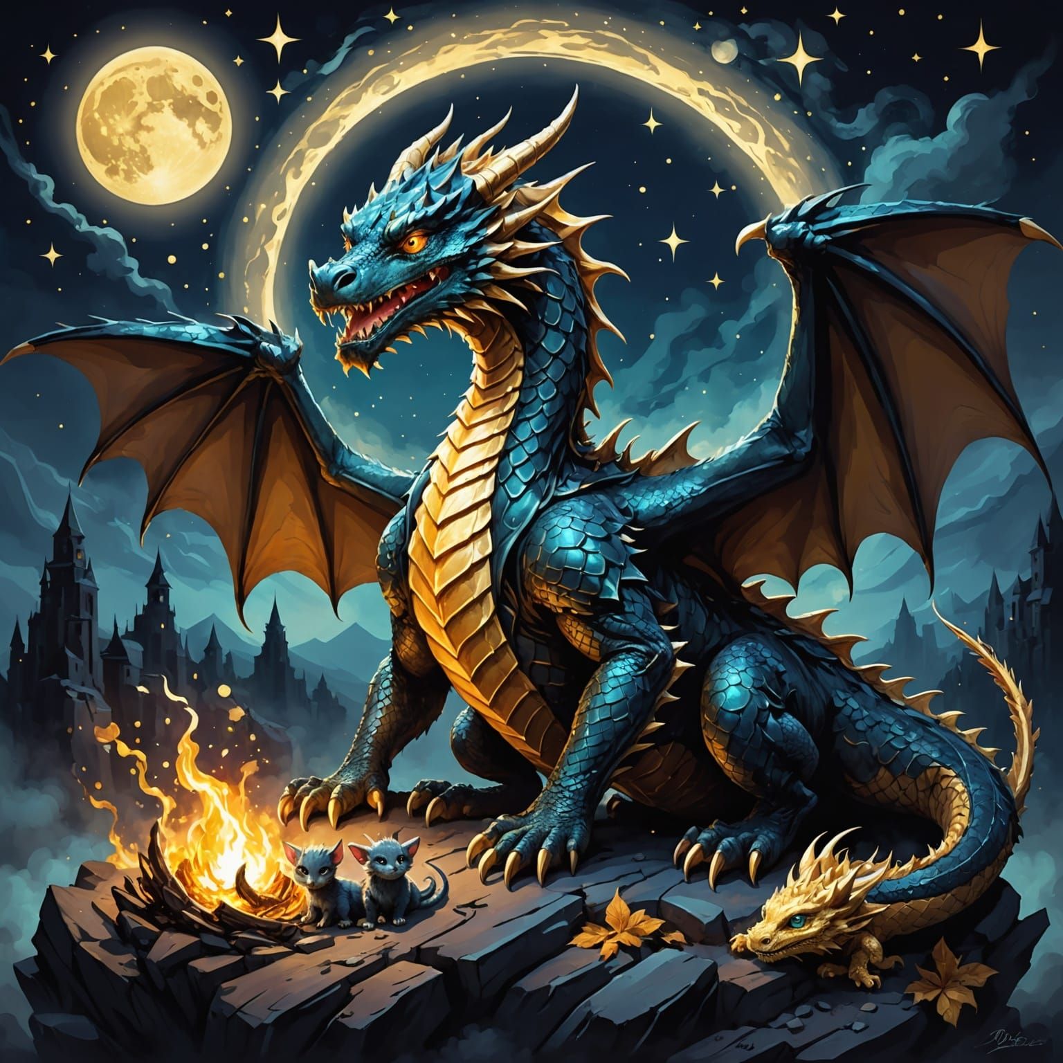 Dragon Protects Kittens Under Starry Sky as Abstract Art