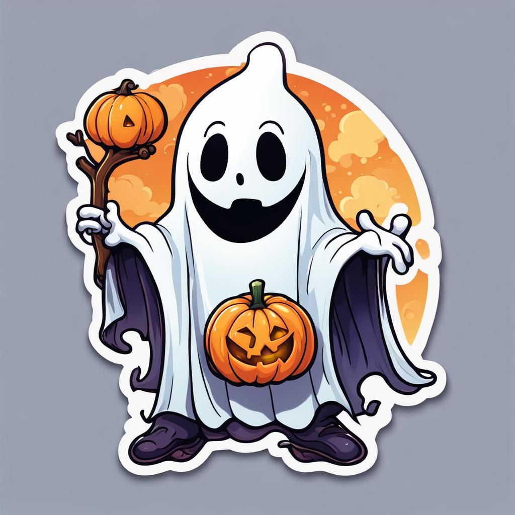 Kawaii Ghost with Pumpkin Sticker Art