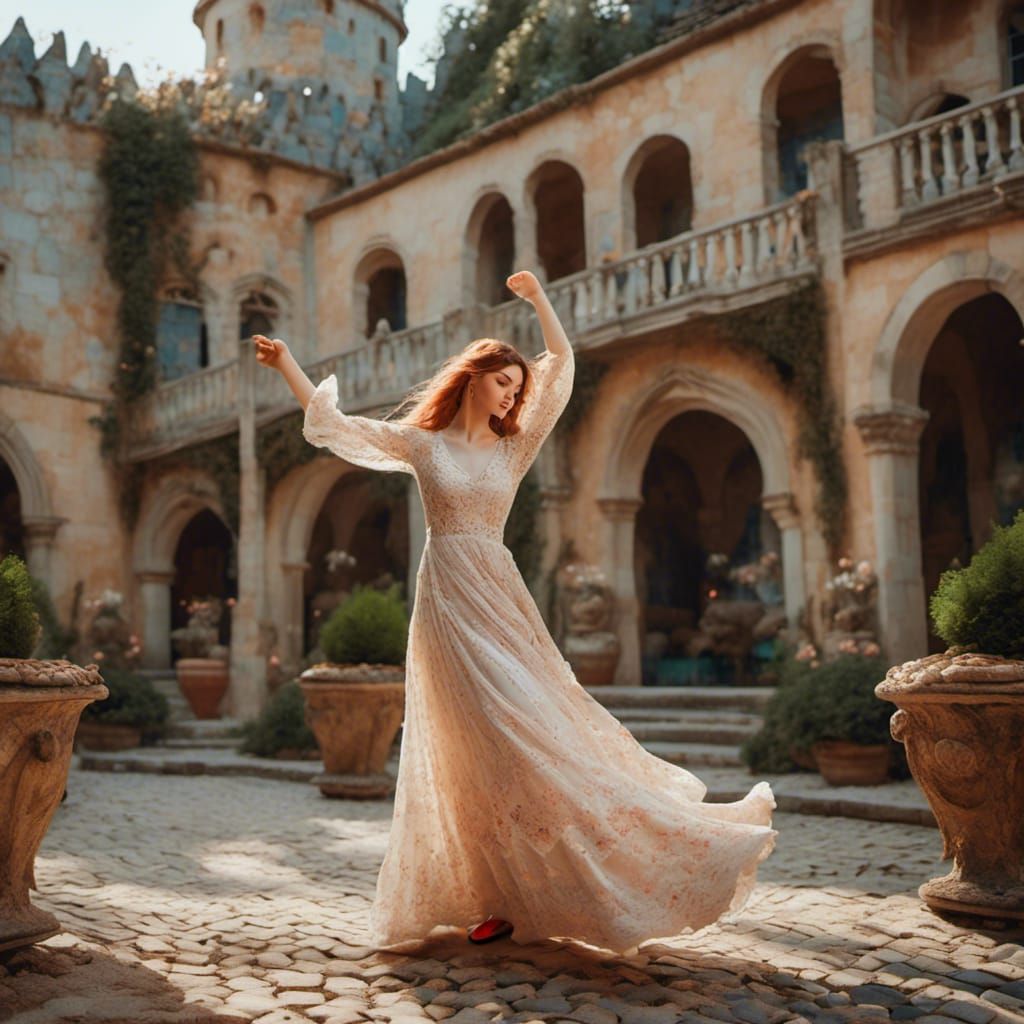 Joyful Trans Girl Dancing in Castle Courtyard