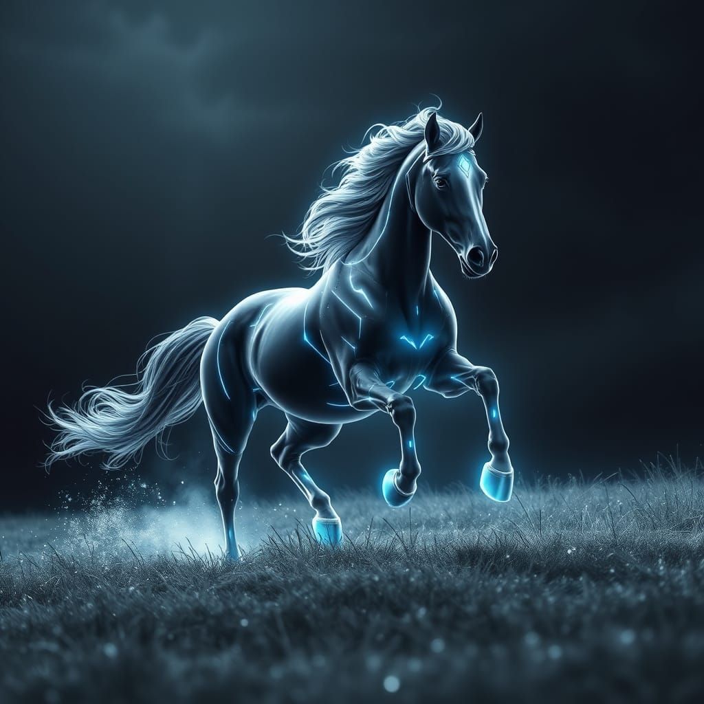 an big horse running through a field  in an ethereal, futuristic artwork featuring a dynamic, glowing aesthetic. Use a c...