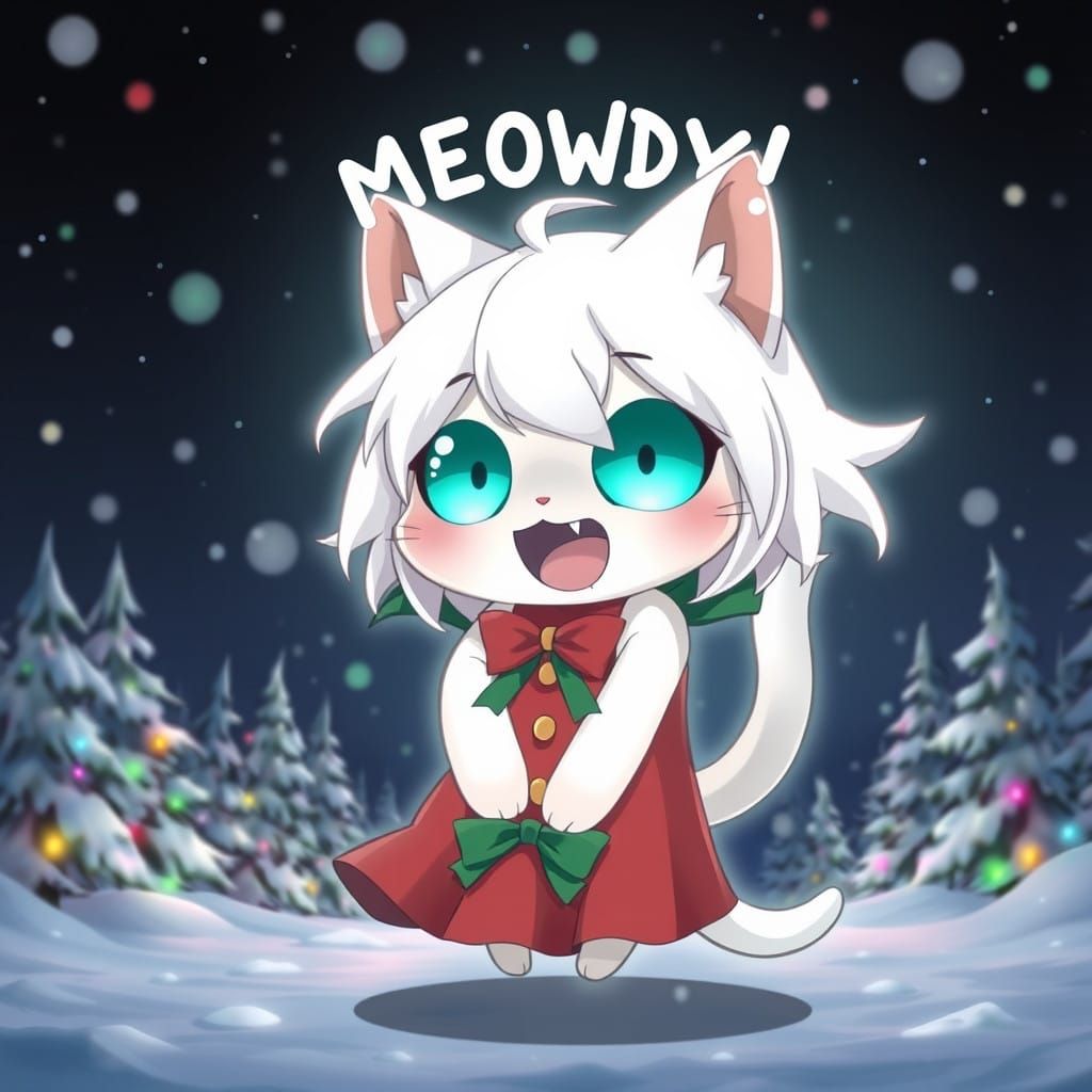 Adorable Anime Ghost Catgirl Dancing Under Snowy Trees