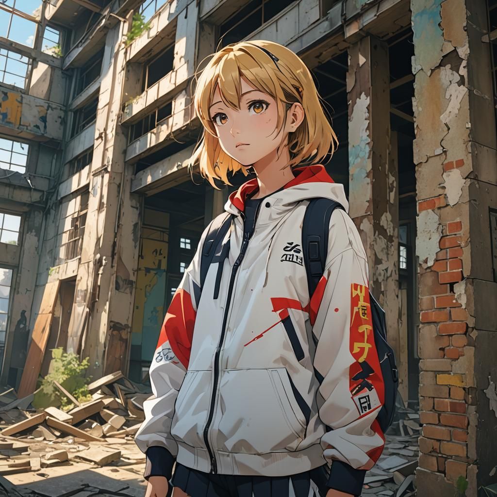 Anime Girl Explores Abandoned Building in Manga Style