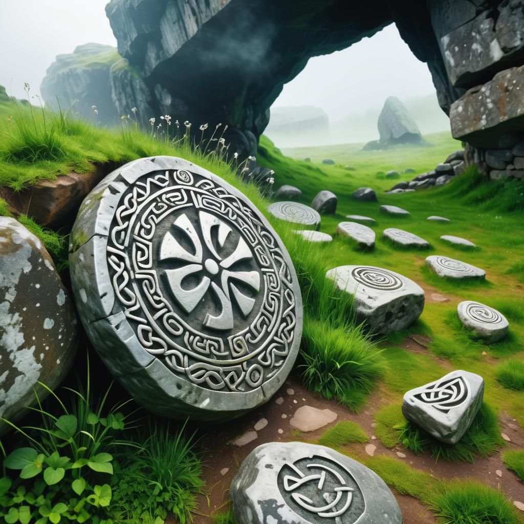 Ancient Celtic Stones with Shining Runes at Dawn