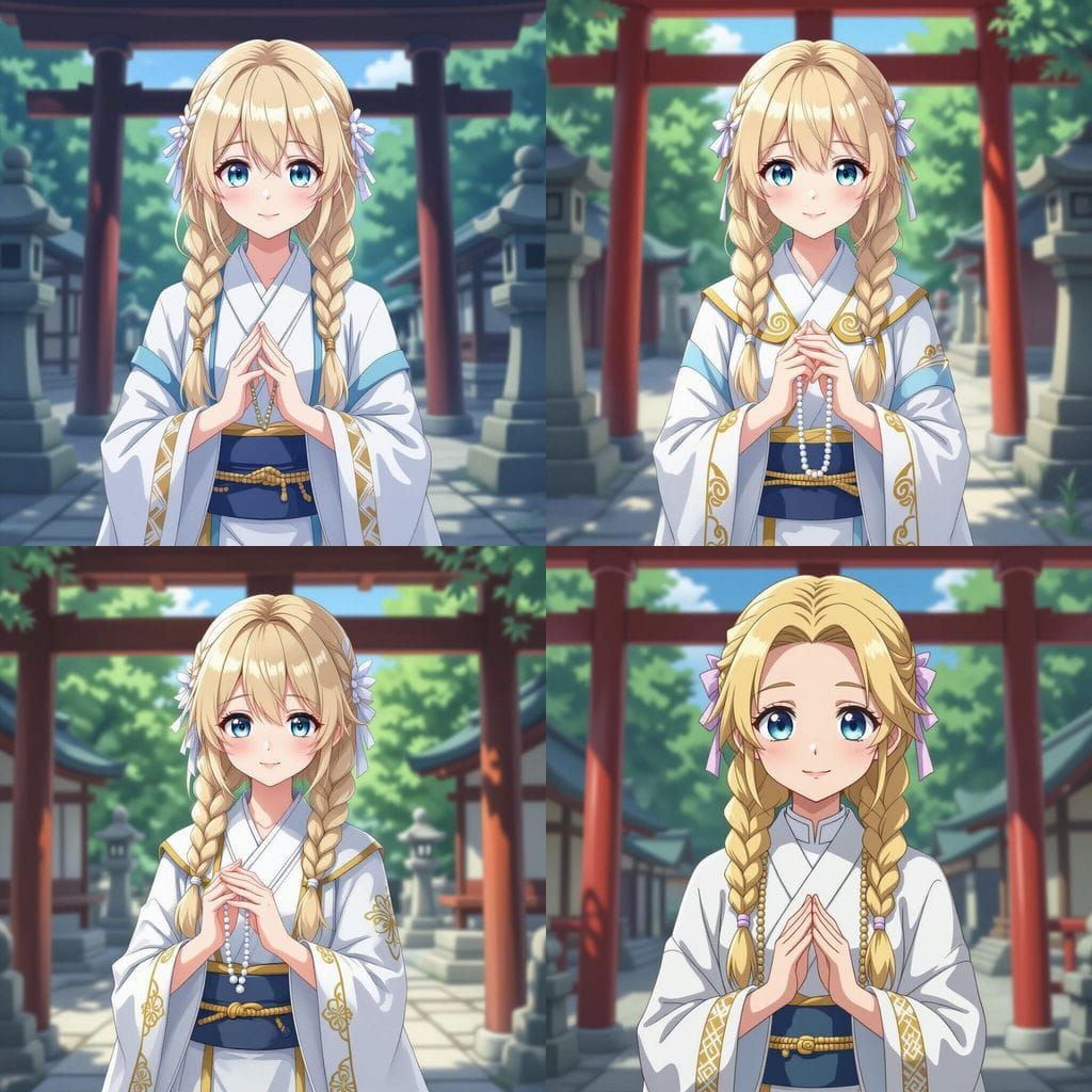 Anime Priestess with Prayer Beads in Shrine
