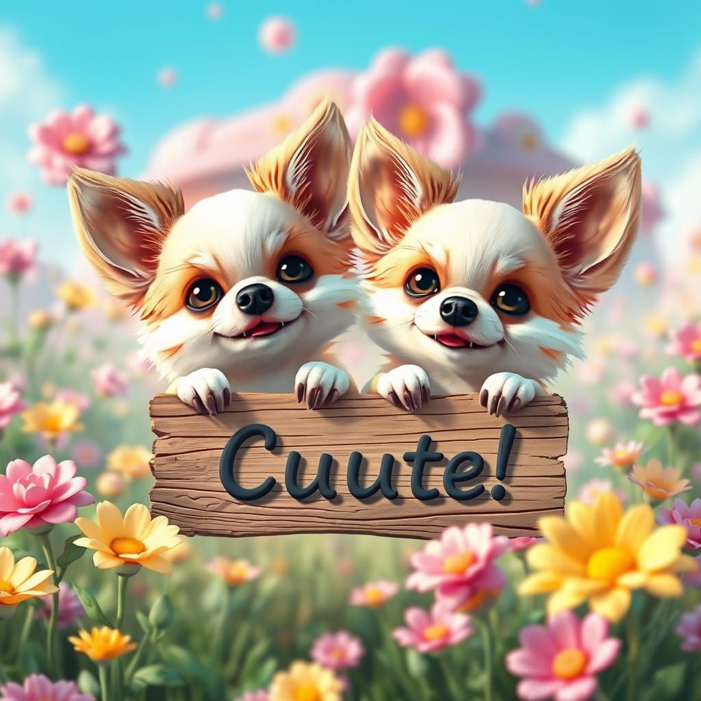 Fluffy Chihuahuas Holding "Cuuute!" Signs in Whimsical Wonde...
