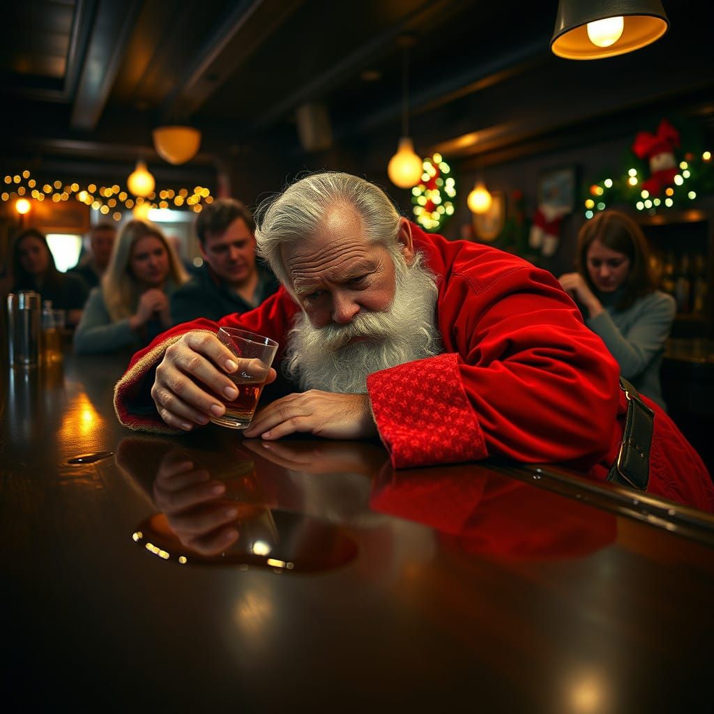 Drunk Santa Claus Slumps Over Bar on Christmas Eve
