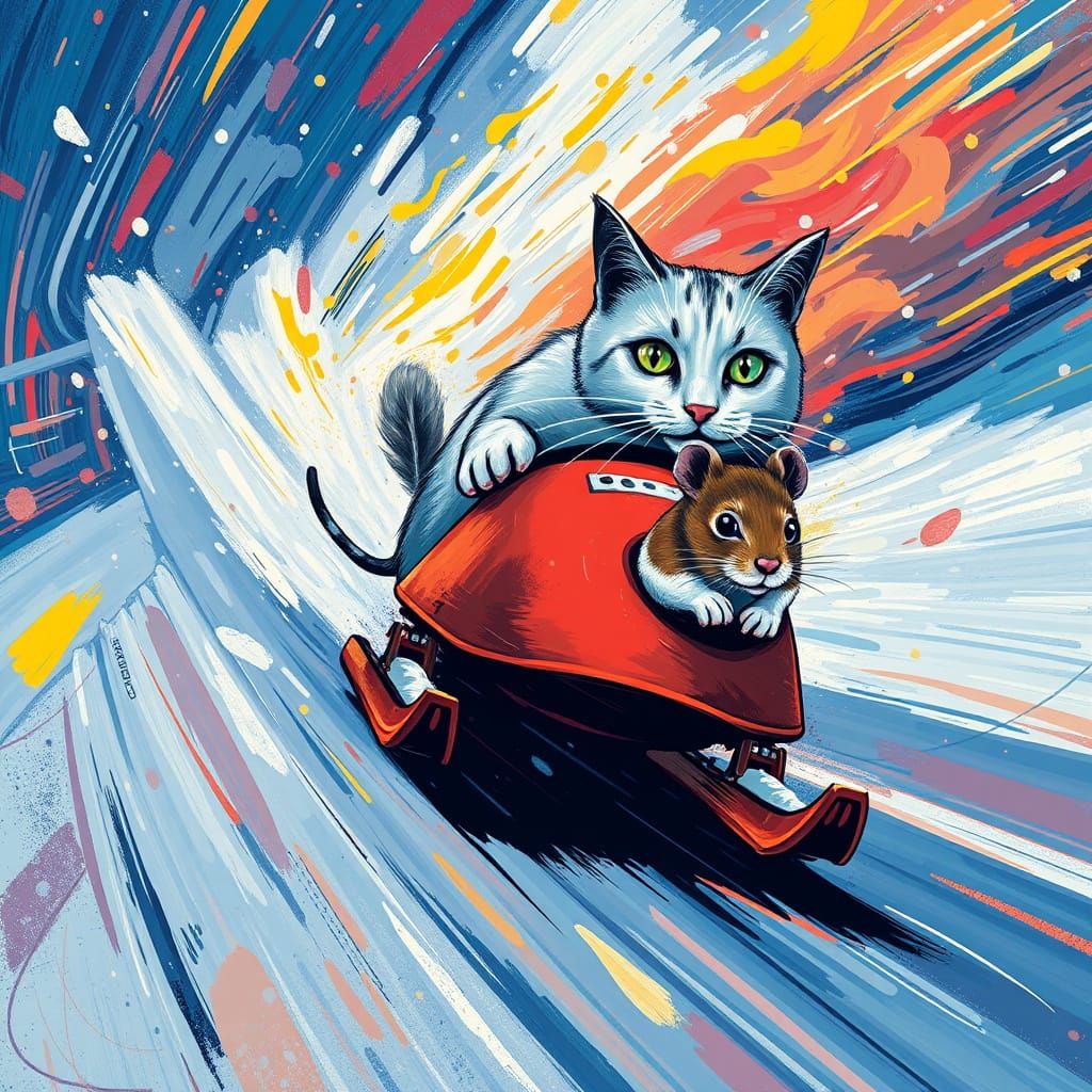 Snow Cat Pursues Mouse on Bobsled Track in Van Gogh Style