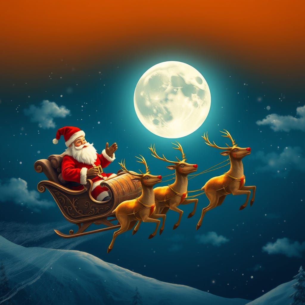 Santa and Reindeer Soar Through the Starry Night Sky