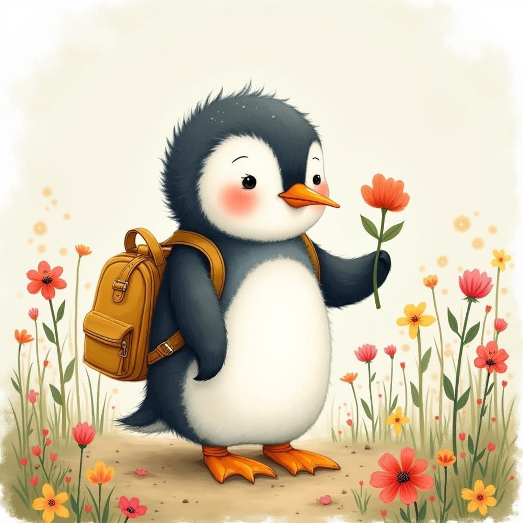 Penguin with Flower in Floral Meadow