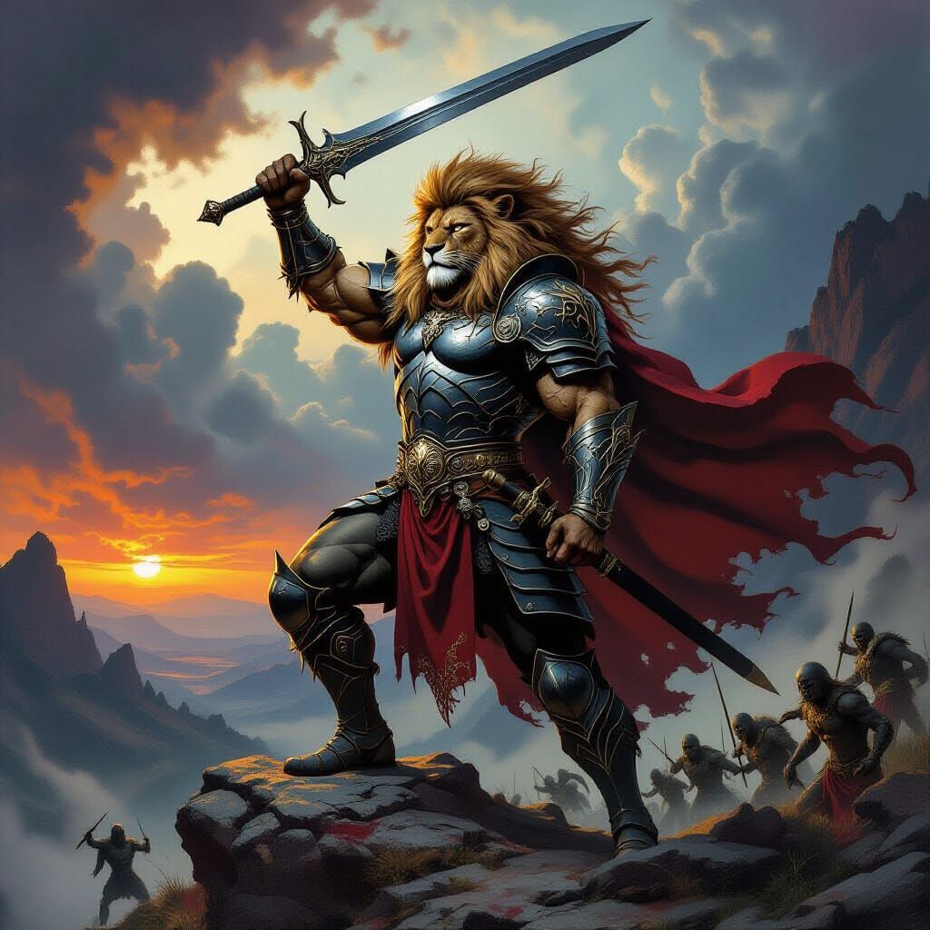 Leonian Warrior in Dark Fantasy Battle Scene