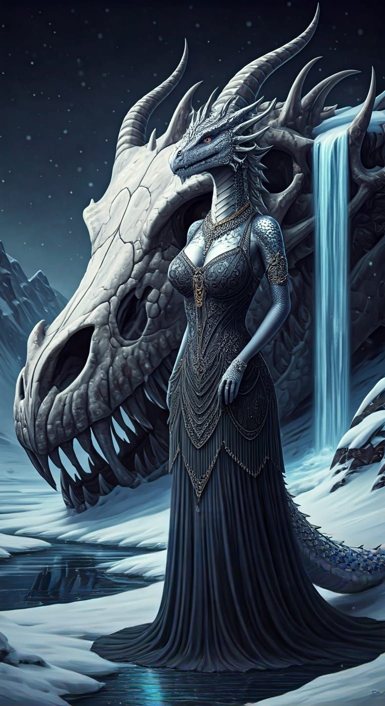 Dragonborn Guardian in Cyberpunk Snowscape