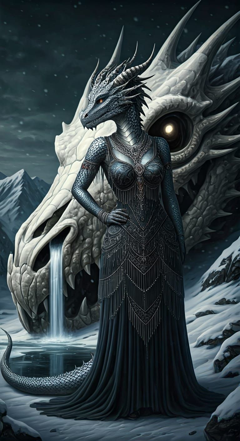 Dragonborn Guard in Cyberpunk Snowy Landscape