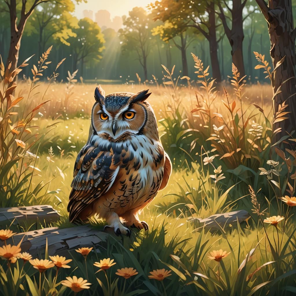 Gentle Day Owl in Sun-Drenched Meadow