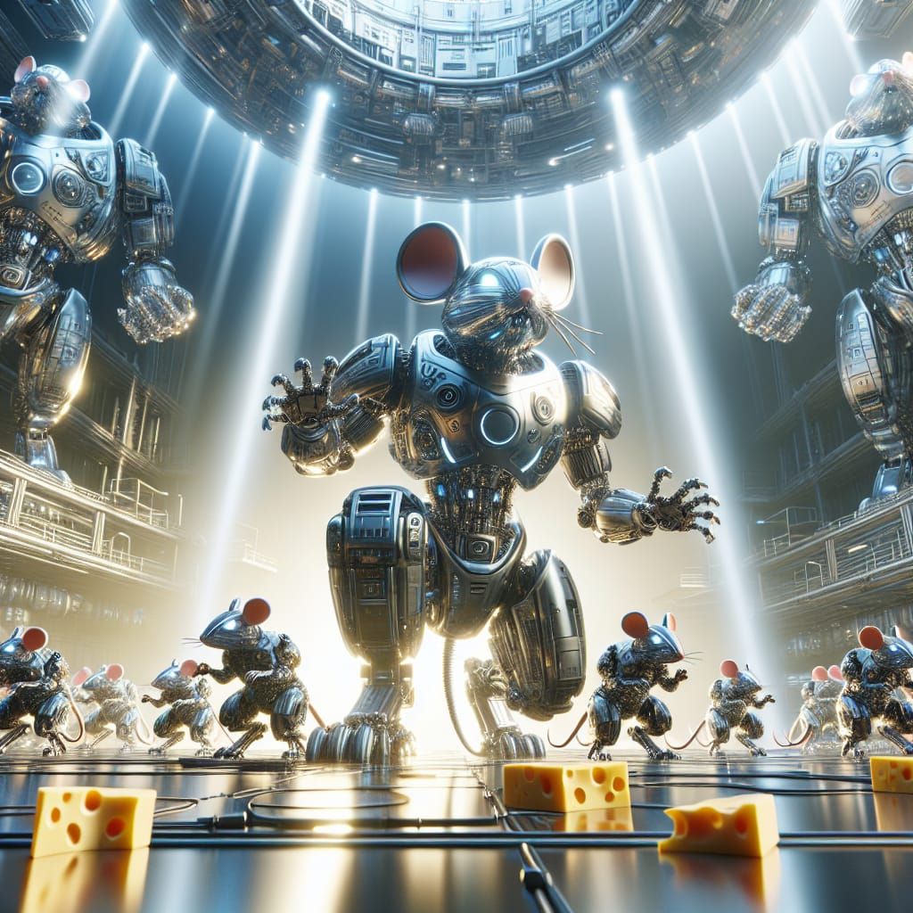 Mecha Mice Battle for Cheese in Futuristic Arena