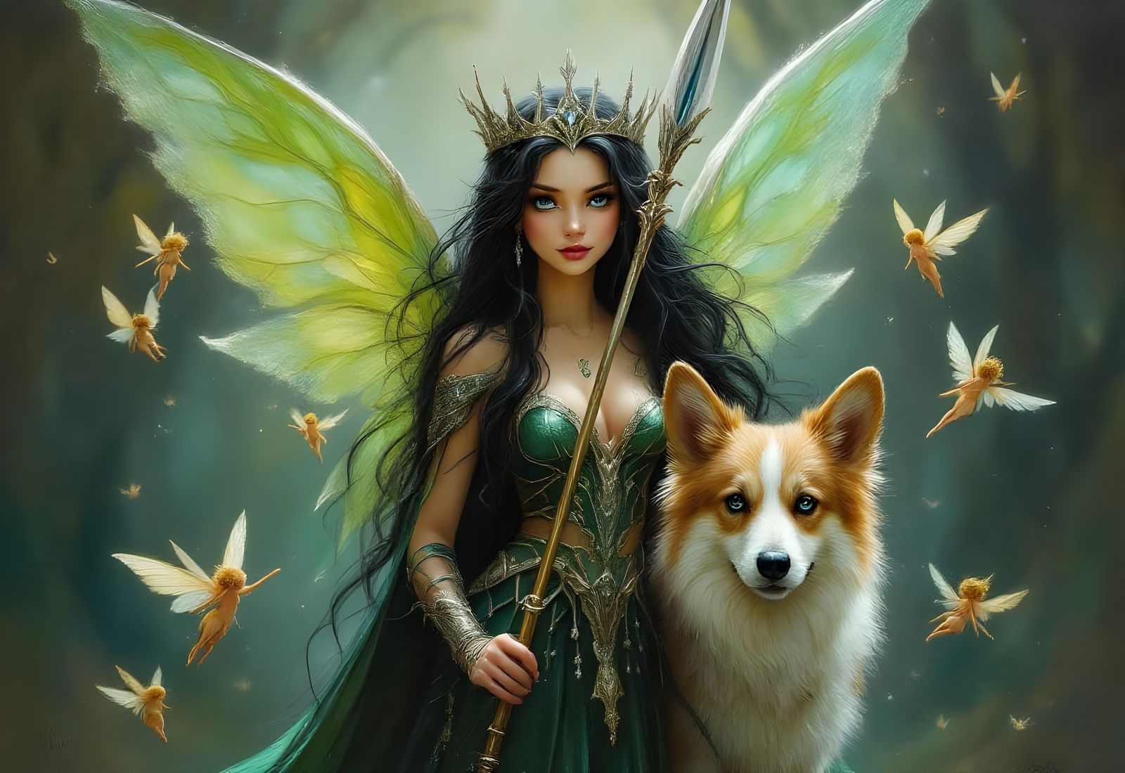 Faerie Queen on Corgi Steed: Oil Painting