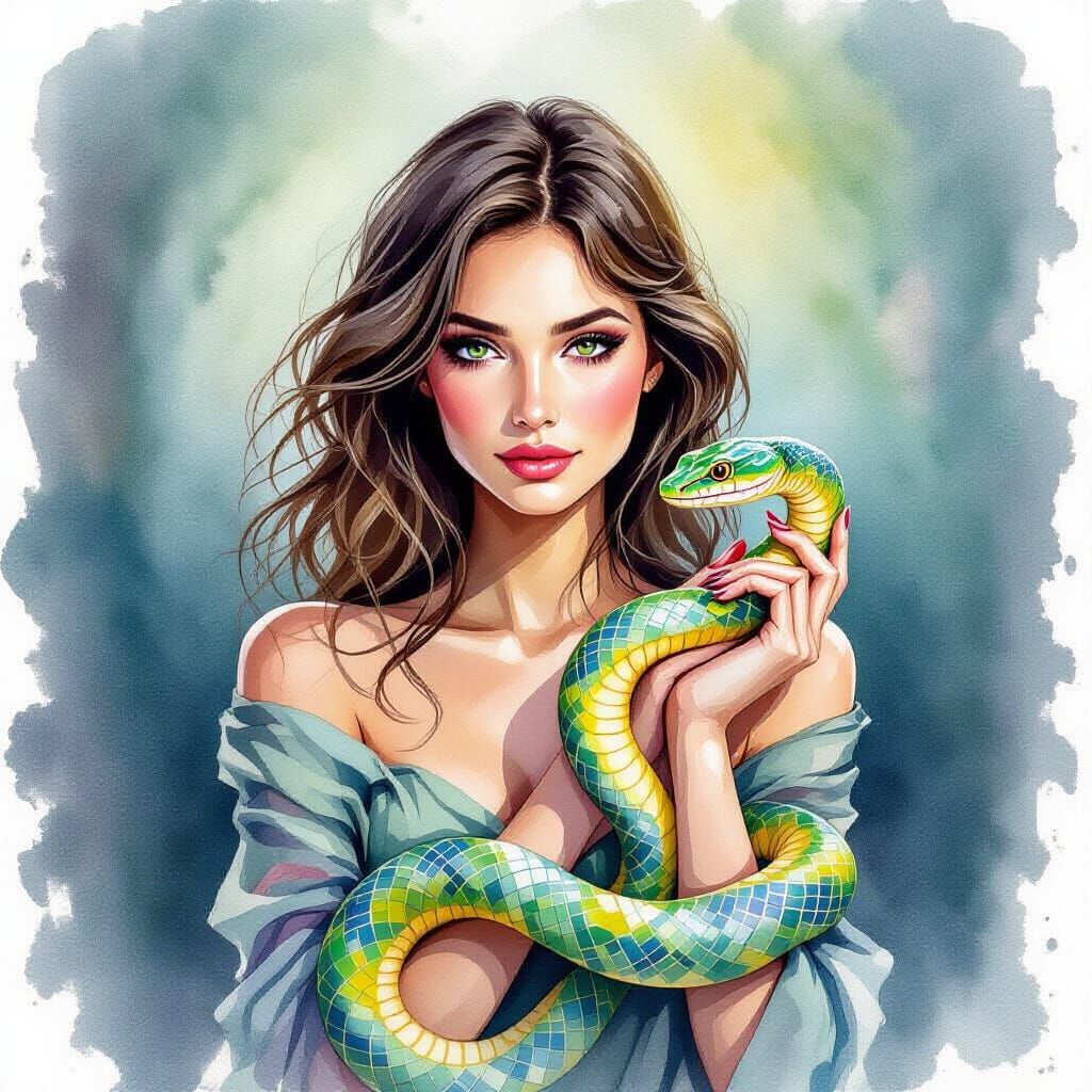 Mysterious Woman Holding Serpent in Watercolor Style