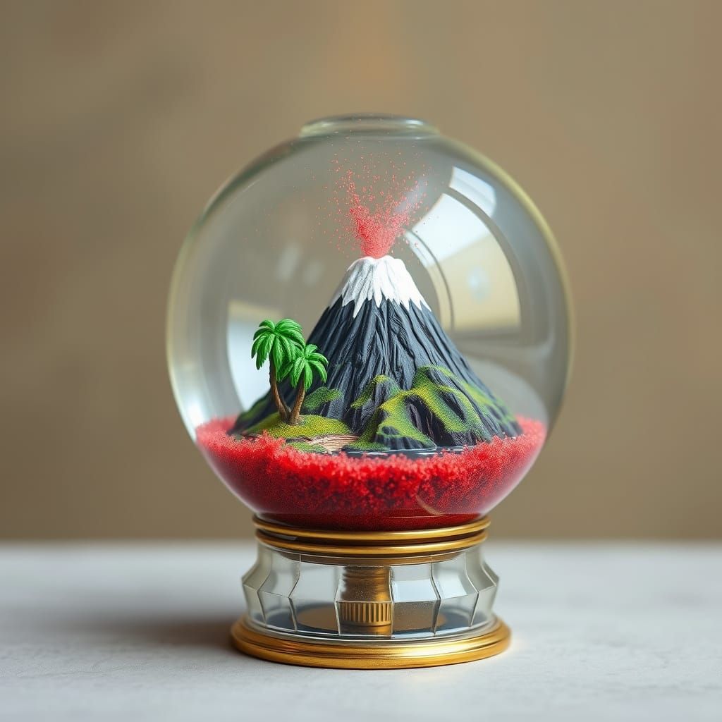 Miniature Volcanic Island in a Delicate Glass Snow Globe
