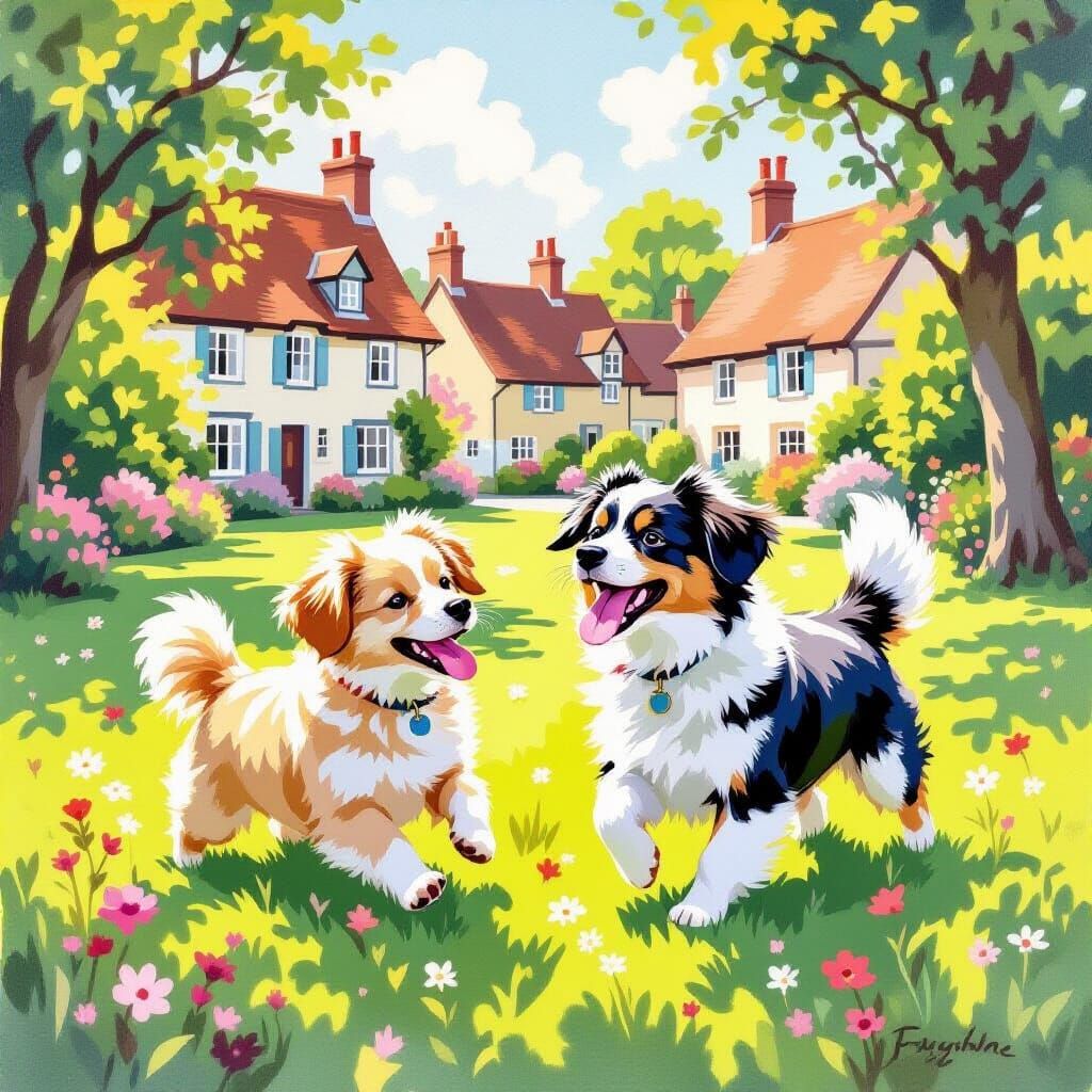 Pastel Oil Painting of Dogs Playing